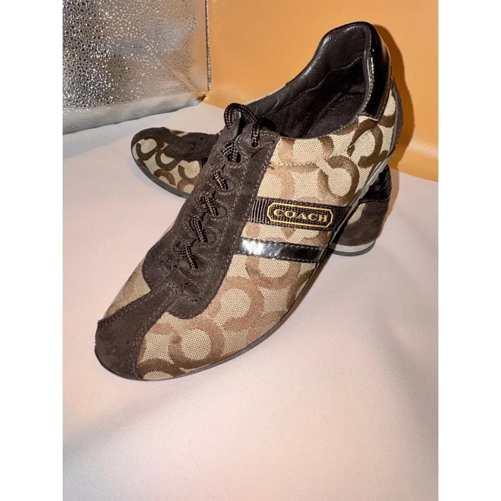 Coach Signature Monogram Kathy Sneakers‎ Brown Tan Jacquard Suede Low Top Shoes